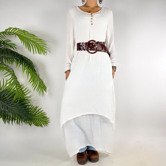 Hanyi Fushi White Beachy Boho Coastal Chic Long Sleeve Asymmetrical Dress / M - Picture 1 of 7